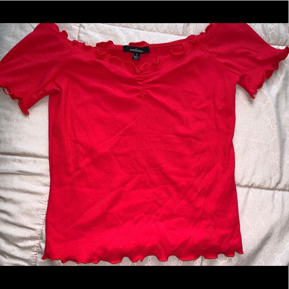 Red off-the-shoulder shirt!